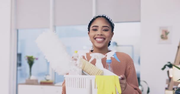 Twarz Uśmiech Kobieta Koszem Środki Czystości Sprzątanie Chemikaliami Dom Codzienne — Wideo stockowe