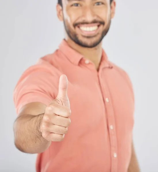 Happy Asian Man Portrait Thumbs Success Winning Good Job White — Stock Photo, Image
