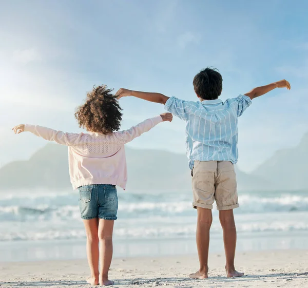 Çocuklar, plajda oyun ve uçak, tatilde tatil ya da tatil Brezilya 'da okyanus, mavi gökyüzü ve mutlulukla. Kız, erkek ve çocuklar eğlenmek, kaynaşmak için uçak oyunu oynuyorlar..