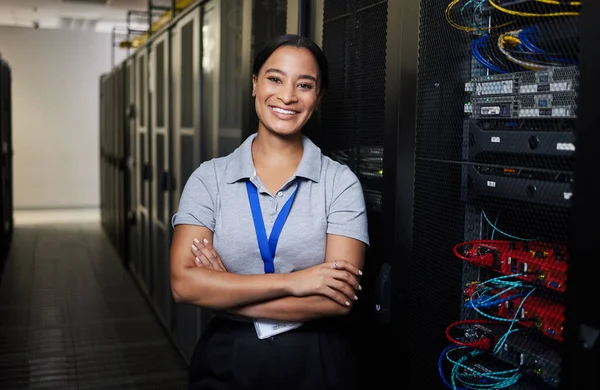 Server room, portrait or happy woman technician for online cybersecurity update or machine system. IT support data center, smile or proud engineer fixing network for information technology solution.