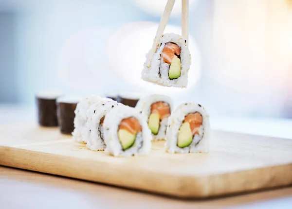 Sushi Food Wood Board Fish Eating Salmon Rice Avocado Healthy — Stock Photo, Image