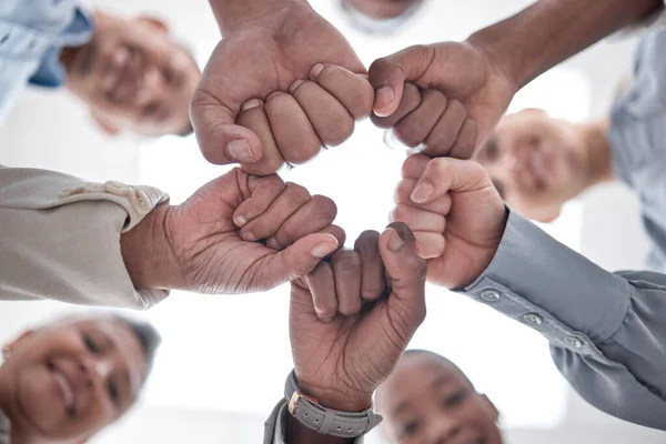 Hands fist bump, group circle and team celebrate community cooperation, mission success or happy corporate achievement. Below view, goals and staff commitment, solidarity and society teamwork support.