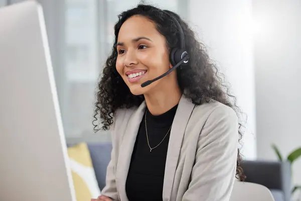 Customer service, call center and happy consultant or woman speaking online for technical support, advice or help. Employee, talking and consulting person In Brazil working in crm for tech startup.
