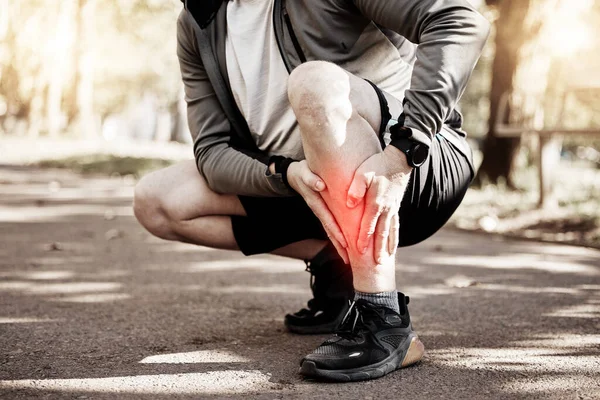 Runner Hands Legs Pain Park Injury Outdoor Fitness Training Muscle — Stock Photo, Image