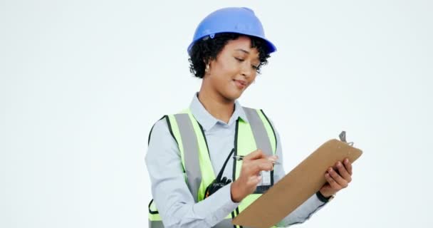 Inspección Construcción Mujer Con Portapapeles Lista Verificación Firma Con Sonrisa — Vídeo de stock