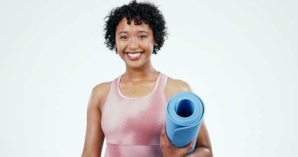 Tapete Ioga Fitness Rosto Mulher Estúdio Feliz Para Treinamento Equilíbrio — Vídeo de Stock