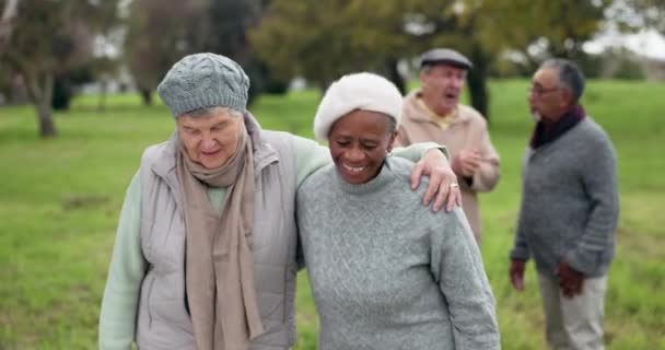 和朋友一起在公园里享受健康 健康和假期 退休和放松 与在大自然中行走的老年人进行联系 对话和社交 以寻求沟通 支持和社区 — 图库视频影像