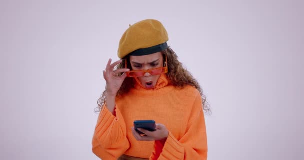 Surprise Stylish Woman Phone White Background Reaction Communication Fashion Young — Stock Video
