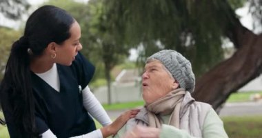 Hemşire, yaşlı bakımı ve tekerlekli sandalyedeki hastayla parkta destekli yaşama konusunda konuşmak. Kadın bakıcı, sağlık hizmetleri emekliliğinde engelli olan yaşlıları dinliyor..