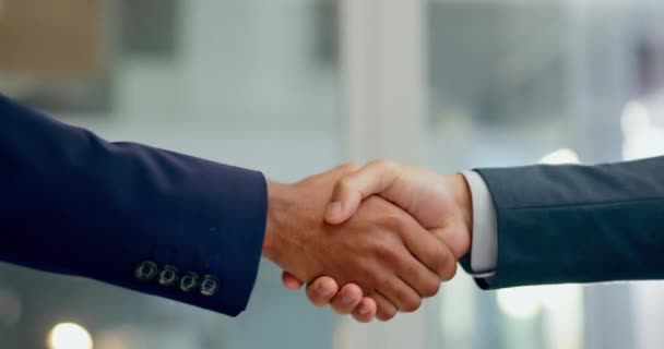 ビジネスの人々 歓迎し 協力のための成功 パートナーシップおよび会合のための握手 取引のためのクローズアップ チームワークとハンドシェイク 信頼とサポートとB2Bネットワーキング 採用または感謝 — ストック動画
