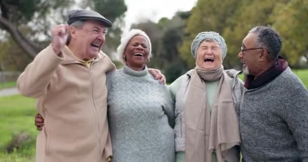 Happy Ruhestand Und Unterstützung Mit Freunden Park Für Wellness Gesundheit — Stockvideo