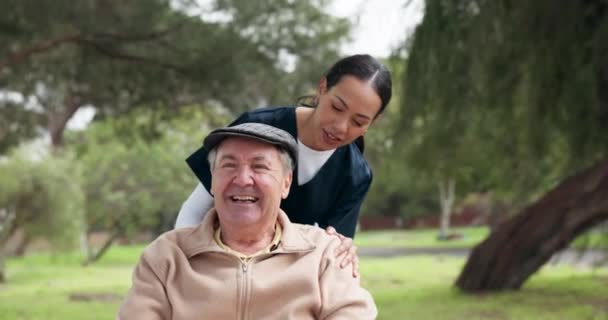 Verzorger Oude Man Verpleegster Het Park Ouderenzorg Wellness Met Wandeling — Stockvideo