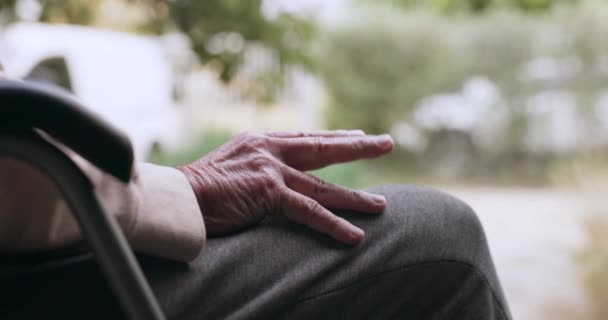 Hand Pension Och Senior Person Rullstol Utomhus Med Utsikt Över — Stockvideo