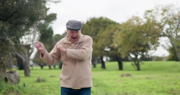 快乐的老人 为退休 退休或外出度假而跳舞和庆祝 兴奋的老年男性微笑着 在公园里快乐地享受着休息 放松或快乐 — 图库视频影像