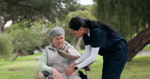 Krankenschwester Altenpfleger Und Pflegebedürftige Rollstuhl Der Natur Unterstützung Oder Vertrauen — Stockvideo