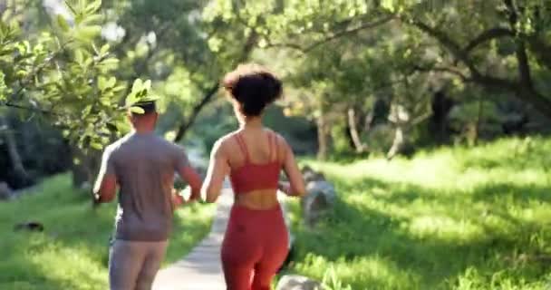 Hardlopen Rug Een Paar Vrienden Het Bos Cardiotraining Training Voor — Stockvideo