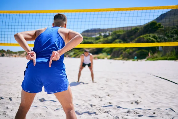 Волейбол Фізичні Вправи Людина Пляжі Знаком Руки Щоб Блокувати Кут — стокове фото