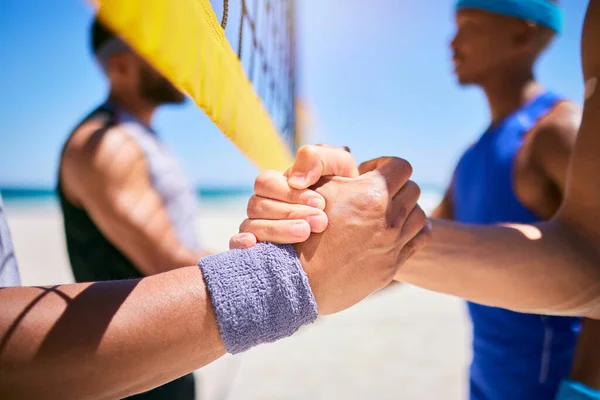 Volleyball Team Shaking Hands Beach Competition Game Greeting Match Handshake — Stock Photo, Image
