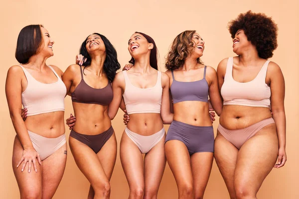Body positive, happy and women in studio in underwear for wellness, beauty and self love campaign. Diversity, natural skin and people in lingerie on brown background for confident, pride or inclusion.