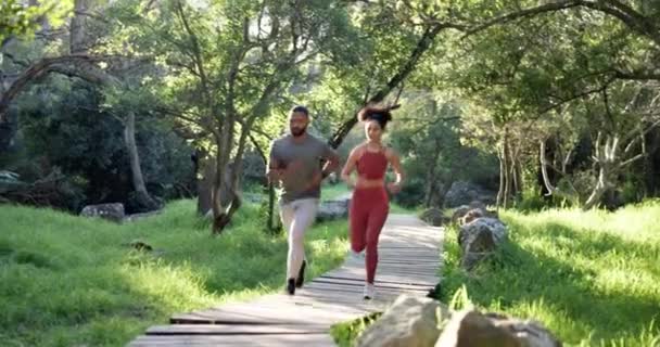 Τρέξιμο Καλή Φυσική Κατάσταση Και Δύο Φίλους Στο Δάσος Καρδιο — Αρχείο Βίντεο