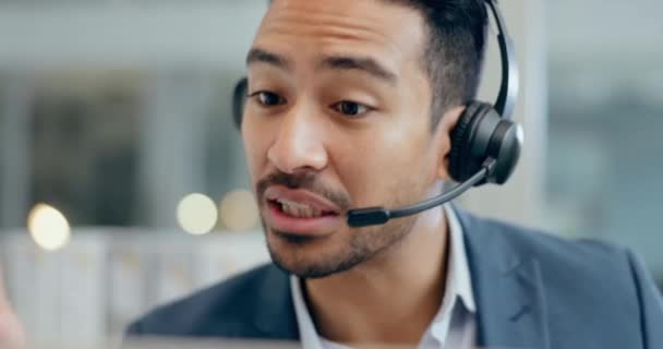 Comunicación Hombre Cara Telemarketing Call Center Para Atención Cliente Asesoría — Vídeo de stock