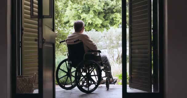 Älterer Mann Rollstuhl Und Rücken Mit Denken Gedächtnis Oder Vision — Stockvideo
