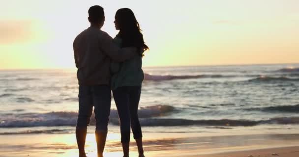 Silhueta Casal Abraço Praia Nascer Sol Romance Férias Miami Para — Vídeo de Stock