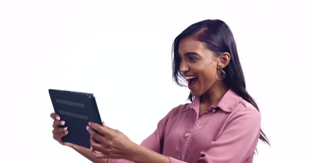 Kvinde Vinder Wow Tablet Nyheder Succes Eller Læringsresultater Eller Mulighed – Stock-video