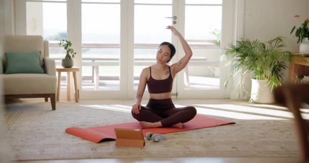 Woman Yoga Stretching Online Class Fitness Zen Workout Mat Tablet — Stock Video