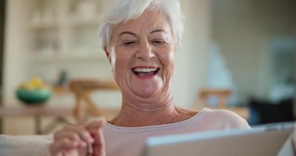 Laugh Home Old Woman Social Media Tablet Internet Search Funny — Stock Video