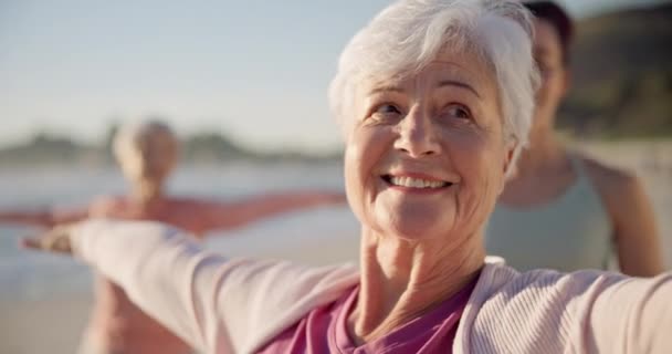 Clase Playa Profesora Anciana Haciendo Ejercicio Yoga Bienestar Aire Libre — Vídeos de Stock