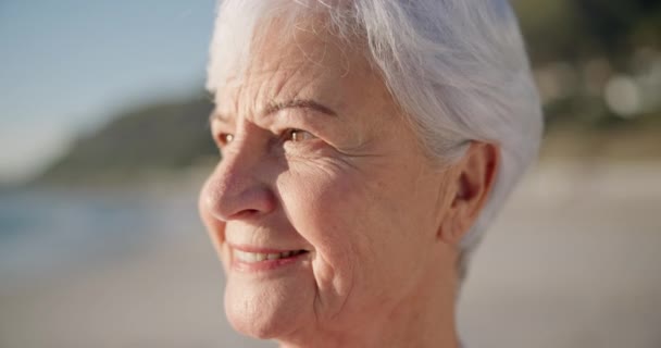 Пожилая Женщина Улыбка Закат Пляже Миром Открытом Воздухе Природе Море — стоковое видео