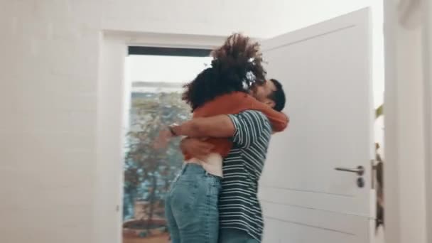 Happy Couple Hug Celebration New House Excitement Moving Together Family — Stock Video