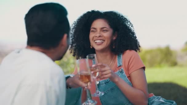 与情侣欢庆 与香槟酒共度暑假 放松快乐 与公园里的男男女女一起为幸福 浪漫或结婚纪念日而欢笑 和平与庆祝 — 图库视频影像
