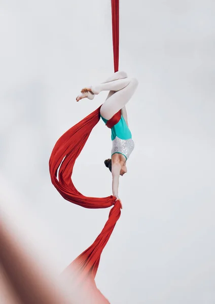 Aerial Woman Gymnast Ribbon Sport Performance Flexibility Athlete White Background — Stock Photo, Image