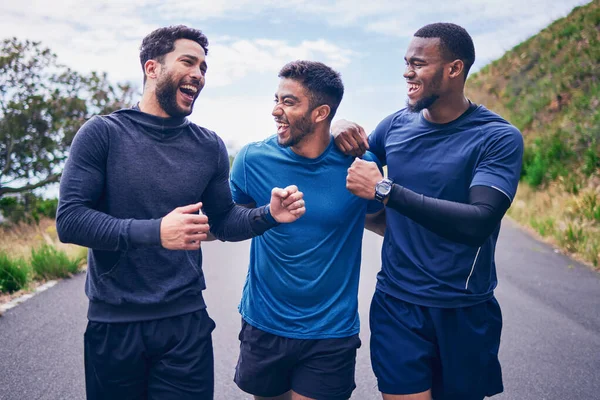 Happy Men Laughing Friends Smile Fitness Workout Running Outdoor Handshake — Stock Photo, Image