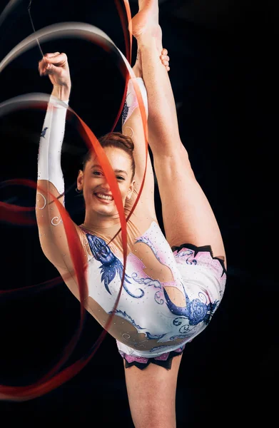 Femme Portrait Heureux Pour Gymnastique Ruban Performance Sportive Compétition Sur — Photo