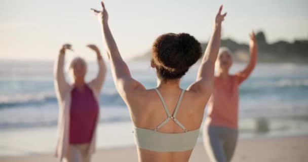 Beach Yoga Class Άνθρωποι Και Πίσω Μέρος Της Άσκησης Διδασκαλίας — Αρχείο Βίντεο