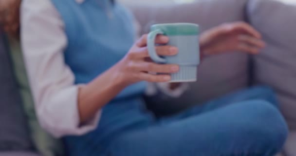 Koti Kahvi Nainen Sohvalla Rentoutua Luonnollinen Tuoksu Tauolla Olohuoneessa Henkilö — kuvapankkivideo