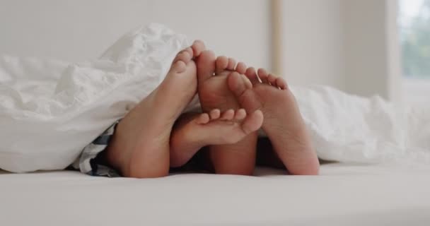 衣衫褴褛 成双成对 双足躺在床上 早上放松 和家人团聚 信心十足地结婚 毛毯或有乐趣的人 卧室里的人 以及带着感情 关心或爱情玩耍的人 — 图库视频影像