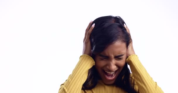Шум Психическое Здоровье Лицо Женщины Белом Фоне Стресса Тревоги Выгорания — стоковое видео