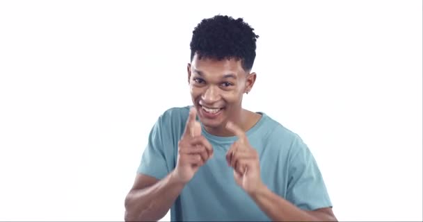 Успіх Танці Великі Пальці Обличчя Людини Студії Збудження Мотивації Підтримки — стокове відео