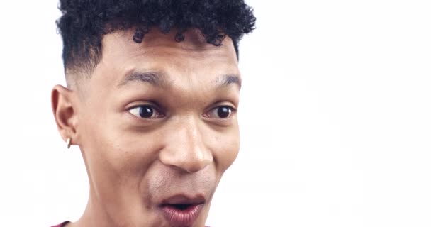 Wow Surprise Man Face Closeup Gossip Drama News Studio White — Stock Video