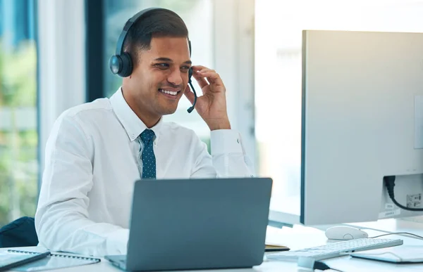 Call Center Computer Man Customer Service Happy Help Desk Support — Stock Photo, Image