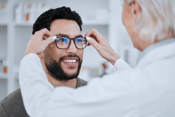 Oogverzorging Bril Voor Zicht Lens Keuze Optometrist Met Patiënt Gezondheid — Stockfoto