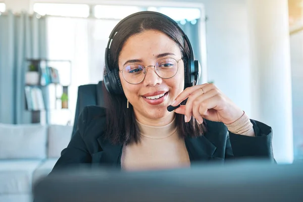 Laptop, customer service and woman in remote work in home for telemarketing, help desk or support. Smile, call center and sales agent in communication, consulting or listening to contact us in crm.
