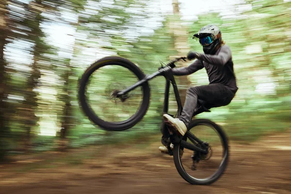 Bicicleta Floresta Homem Wheelie Rápido Exercício Livre Madeiras Para Corpo — Fotografia de Stock