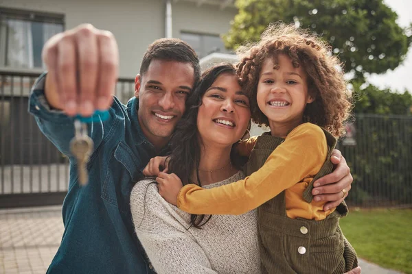 Happy family, portrait and real estate with keys in property, investment or new home together. Mother, father and child smile in relocation, buying or mortgage loan in building, finance or investing.