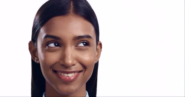 Mujer India Cara Sonrisa Con Idea Emoji Para Pensar Belleza — Vídeo de stock