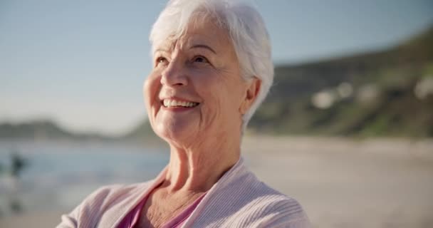老妇人 在海滩上的微笑和沉思 在大自然中的旅行和宁静中的专注和快乐 自由与禅 退休和放松与海洋的观点和阳光 — 图库视频影像
